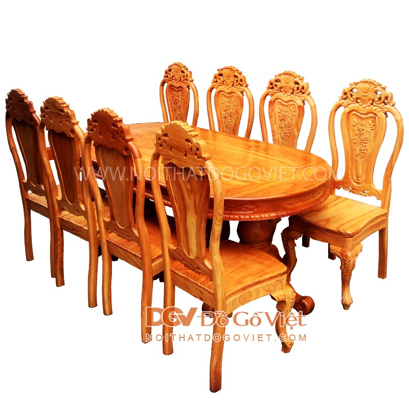 Bàn Ăn Gõ Đỏ Oval Trơn 1m9 8 Ghế.jpg