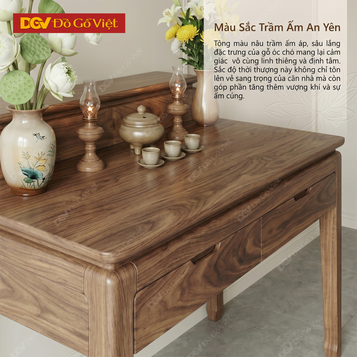 Bàn Thờ 2 Tầng Gỗ Óc Chó Chân Cao Móng Ngựa Phối Ngăn Kéo