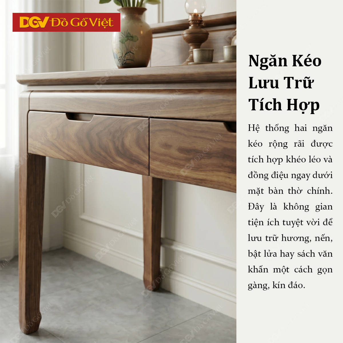 Bàn Thờ 2 Tầng Gỗ Óc Chó Chân Cao Móng Ngựa Phối Ngăn Kéo
