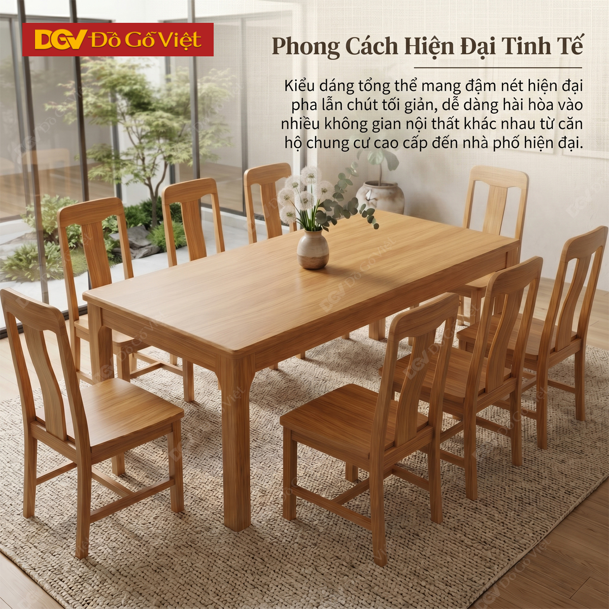 Bộ Bàn Ăn Hiện Đại Sồi Mỹ Tự Nhiên Chân Vát Bo Góc Mềm Mại