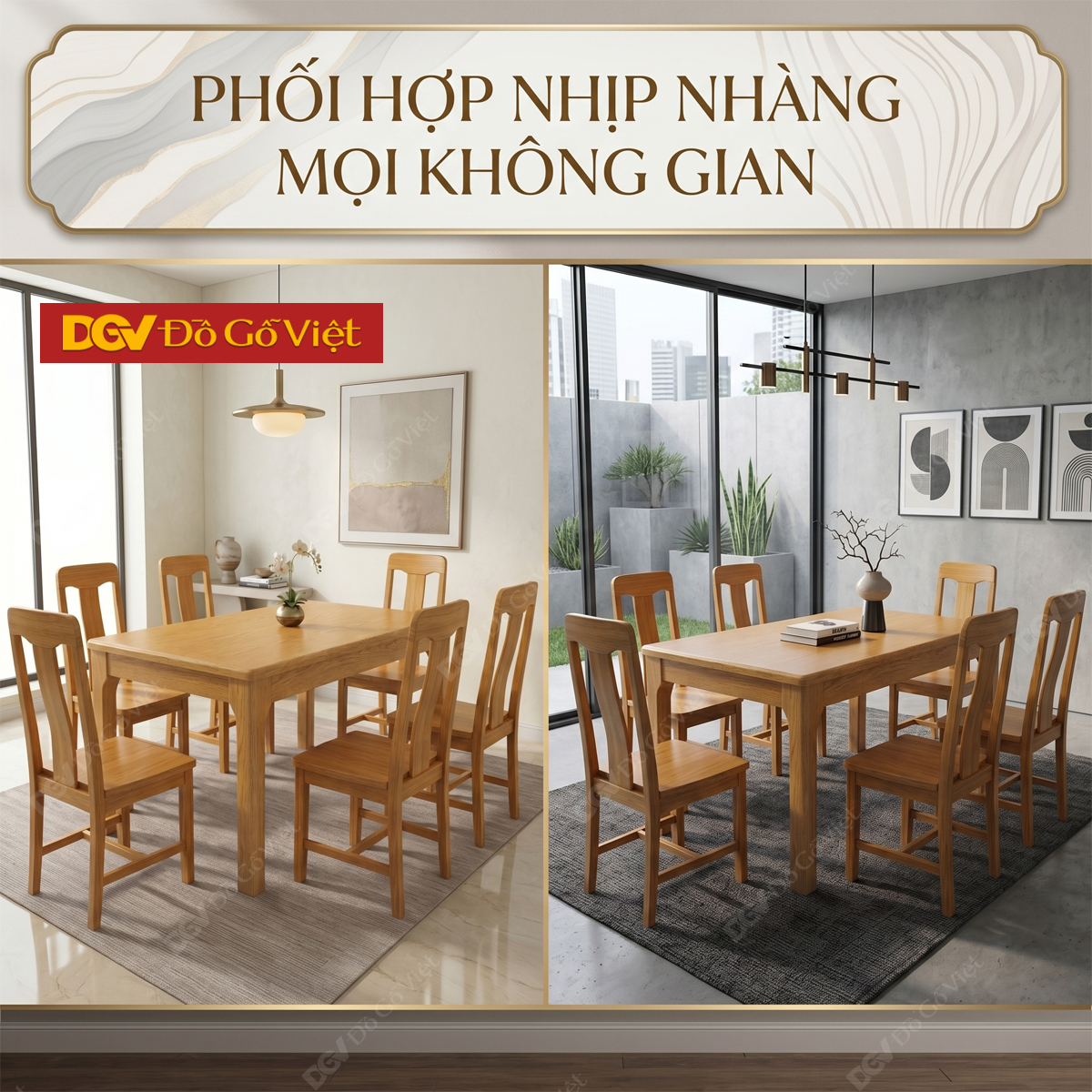 Bộ Bàn Ăn Hiện Đại Sồi Mỹ Tự Nhiên Chân Vát Bo Góc Mềm Mại