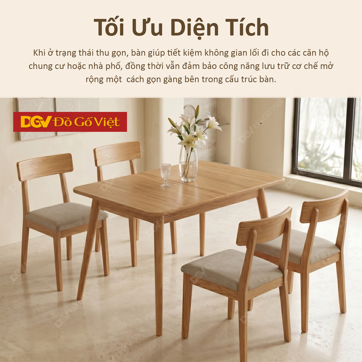 Bộ Bàn Ăn Thông Minh Gỗ Sồi Cơ Chế Mặt Bàn Mở Rộng Cánh Bướm