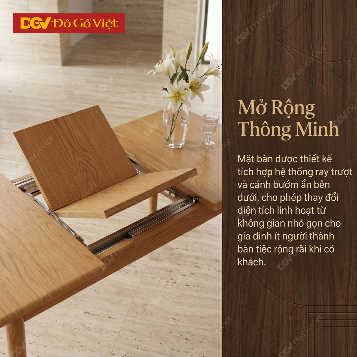 Bộ Bàn Ăn Thông Minh Gỗ Sồi Cơ Chế Mặt Bàn Mở Rộng Cánh Bướm