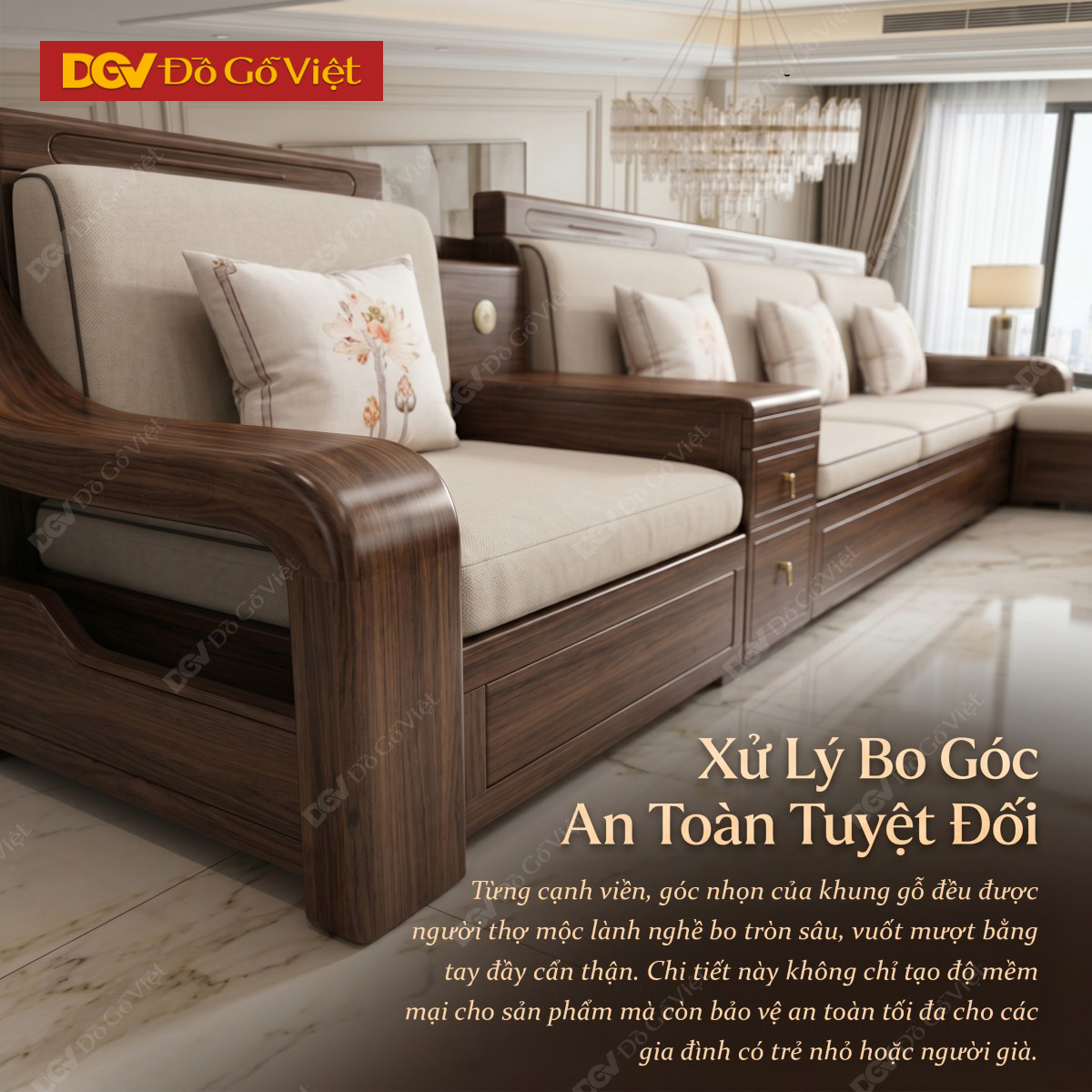 Bộ Bàn Ghế Sofa Gỗ Óc Chó Chân Bệt Tay Cong Lượn Nghệ Thuật