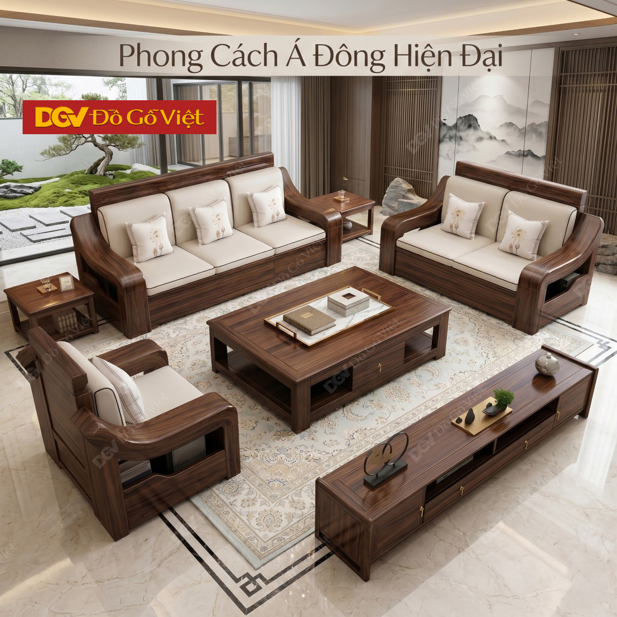 Bộ Bàn Ghế Sofa Gỗ Óc Chó Chân Bệt Tay Cong Lượn Nghệ Thuật