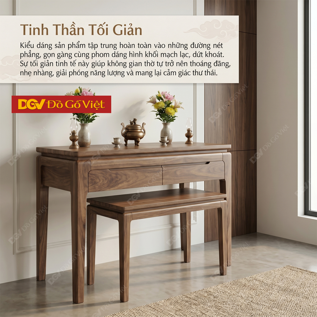 Bộ Bàn Thờ Mẹ Con Gỗ Óc Chó Thiết Kế Hiện Đại Bo Góc Tinh Tế