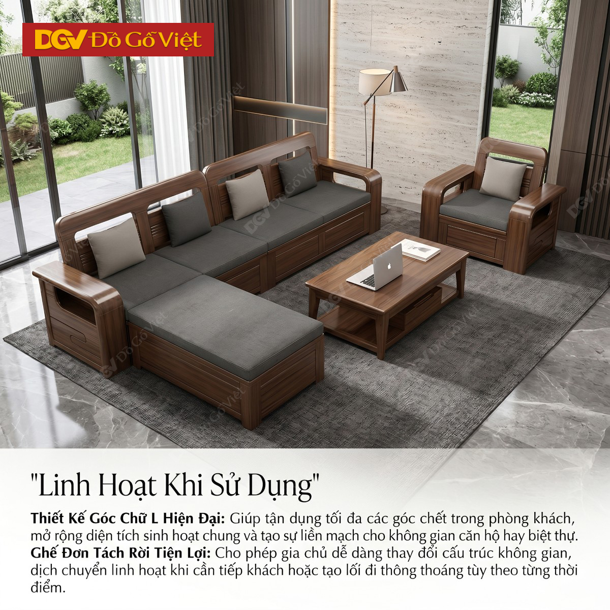 Bộ Sofa Gỗ Óc Chó Phòng Khách Hiện Đại Bo Góc Tinh Tế
