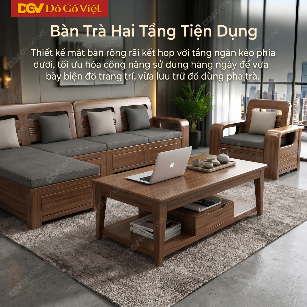 Bộ Sofa Gỗ Óc Chó Phòng Khách Hiện Đại Bo Góc Tinh Tế