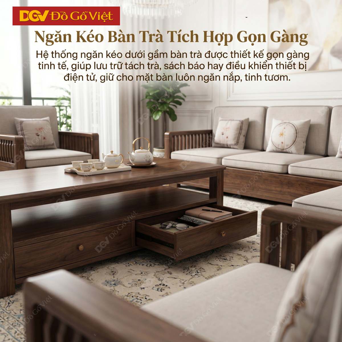 Bộ Sofa Phòng Khách Gỗ Óc Chó Tay Nan Cách Điệu Nghệ Thuật