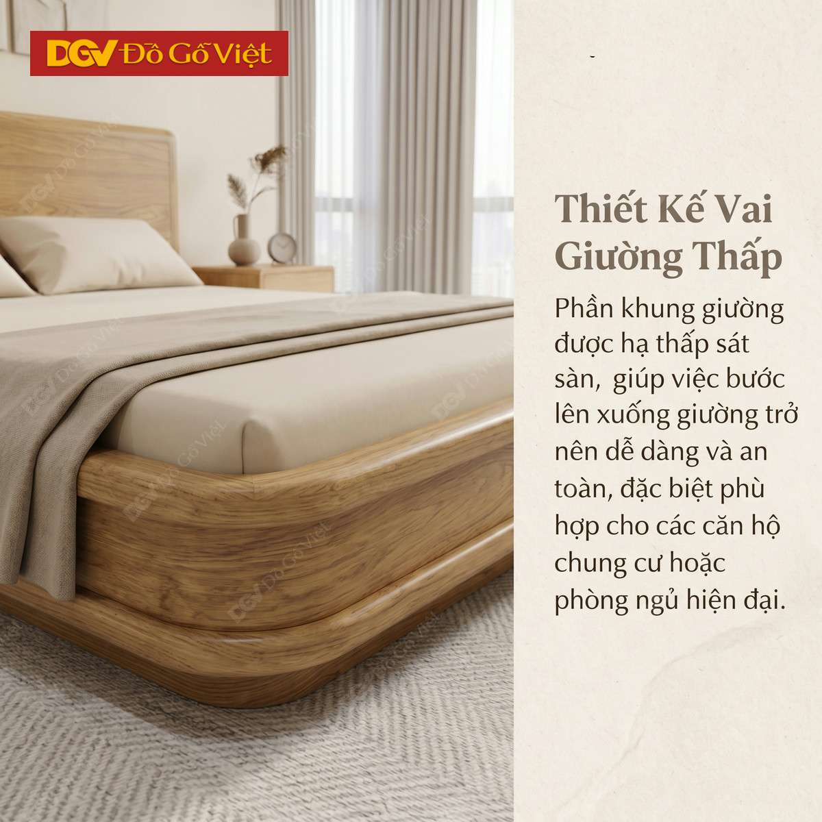 Giường Ngủ Sồi Tự Nhiên Chân Thấp Hiện Đại Bo Góc Sang Trọng
