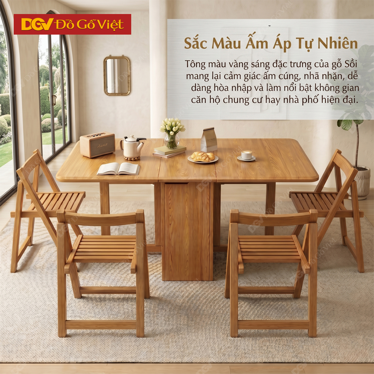 Mẫu Bàn Ghế Ăn Gỗ Sồi Mỹ Cơ Chế Gấp Gọn Tiết Kiệm Diện Tích
