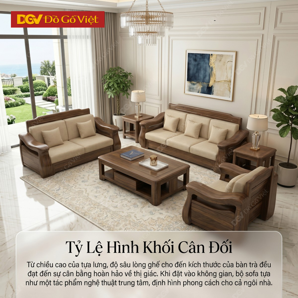 Mẫu Bàn Ghế Sofa Gỗ Óc Chó Chân Thấp Tay Uốn Lượn Nghệ Thuật