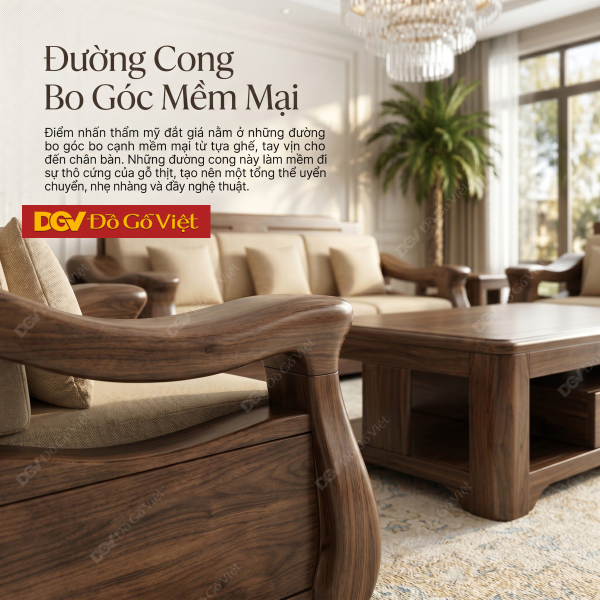 Mẫu Bàn Ghế Sofa Gỗ Óc Chó Chân Thấp Tay Uốn Lượn Nghệ Thuật
