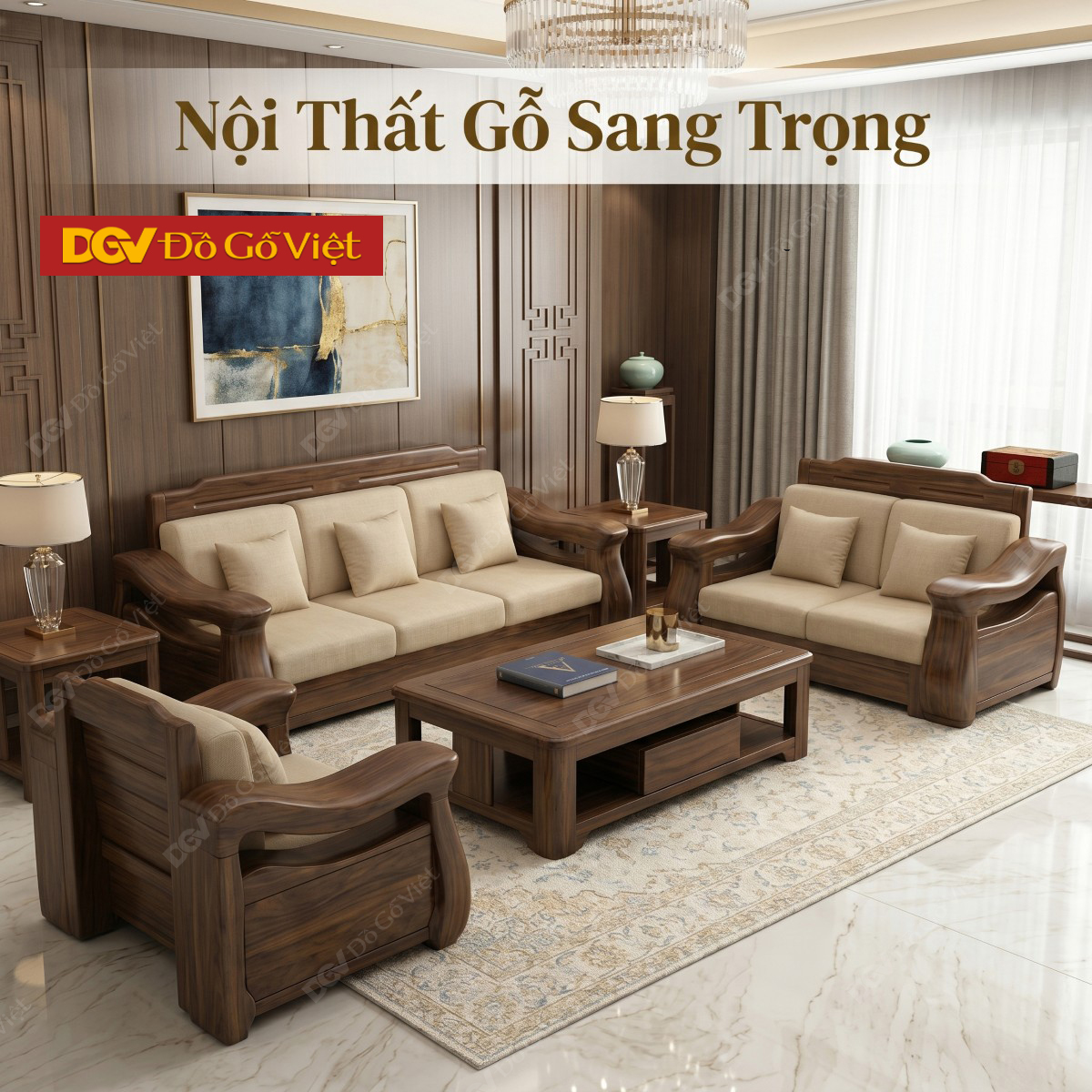 Mẫu Bàn Ghế Sofa Gỗ Óc Chó Chân Thấp Tay Uốn Lượn Nghệ Thuật