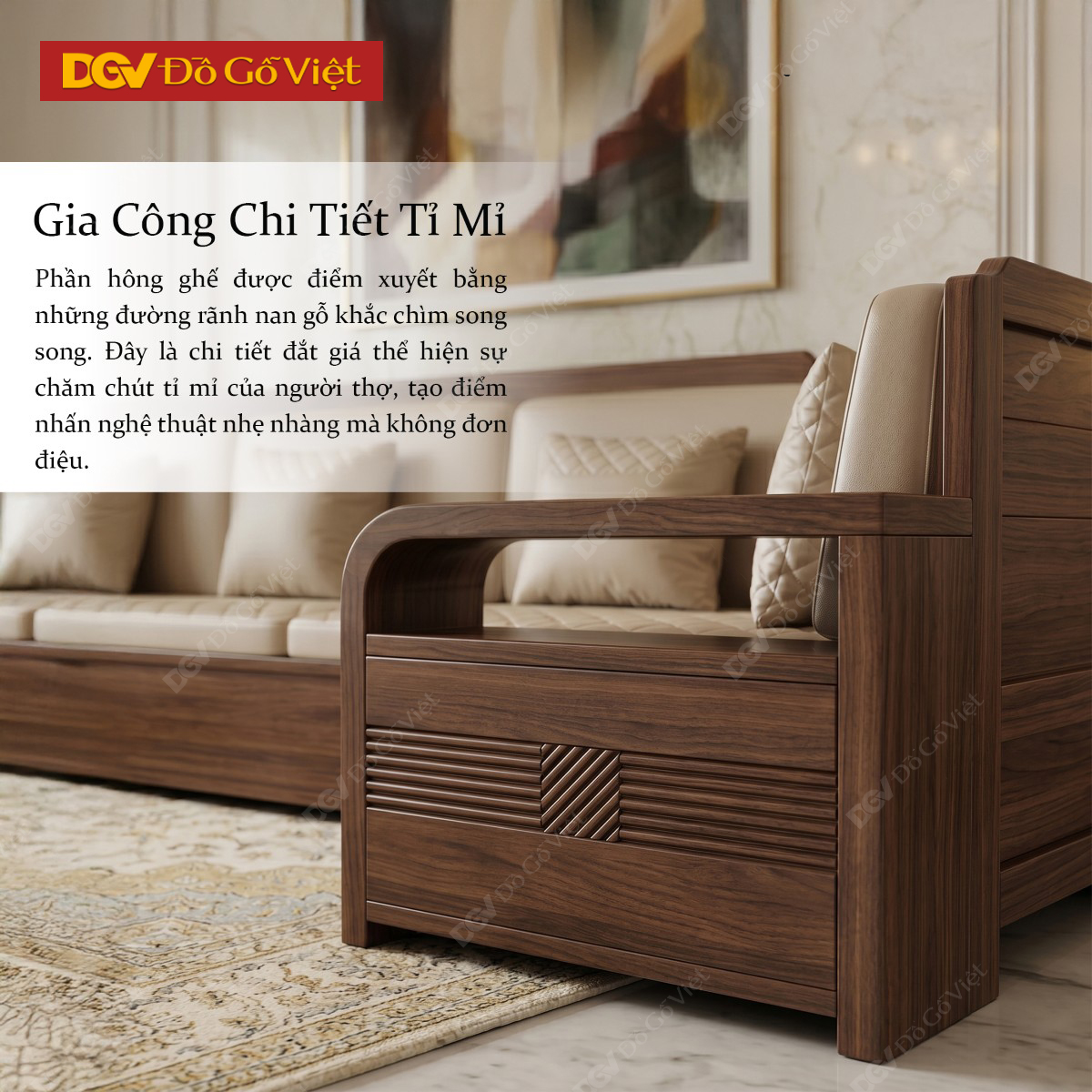 Mẫu Bàn Ghế Sofa Gỗ Óc Chó Hiện Đại Họa Tiết Kẻ Rãnh Tinh Tế