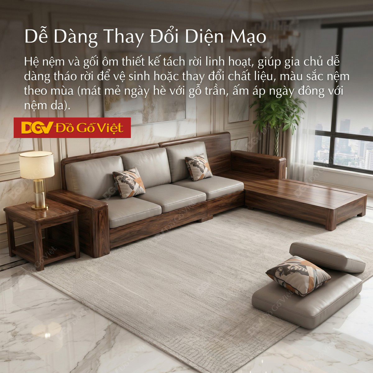 Mẫu Sofa Phòng Khách Gỗ Óc Chó Chân Bệt Tay Hộp Sang Trọng