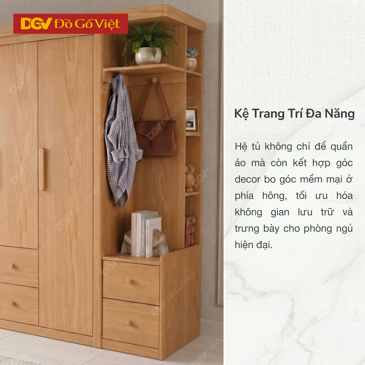 Tủ Quần Áo Vân Sồi Tự Nhiên Tích Hợp Kệ Bên Nhiều Tiện Ích