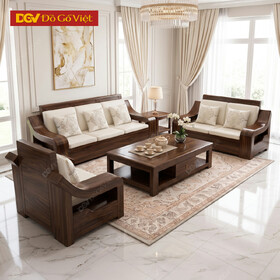 Bộ Bàn Ghế Sofa Gỗ Óc Chó Chân Bệt Tay Cong Lượn Nghệ Thuật