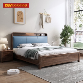 Giường Bọc Nệm Gỗ Veneer Óc Chó Kết Hợp Kệ Đèn Led Hiện...