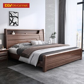 Giường Ngủ Hiện Đại Gỗ Veneer Óc Chó Có Kệ Để Đồ Tiện Dụng