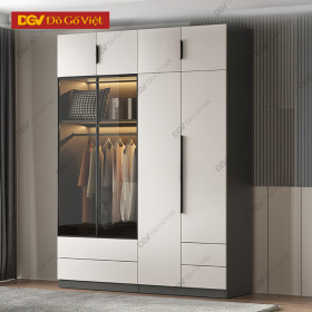 Tủ Áo 4 Cánh Gỗ MDF Kết Hợp Cánh Kính Màu Xám Trắng Đẹp