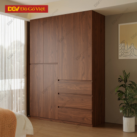 Tủ Áo Gỗ Cao Su Veneer Sồi 4 Cánh Dáng Trơn Tối Giản