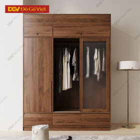Tủ Áo Lùa Cánh Kính Màu Nâu Hiện Đại Khung Gỗ Veneer Óc Chó