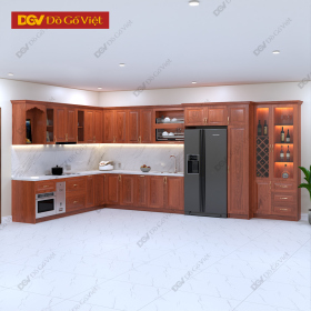 Tủ Bếp Chữ L Gỗ Xoan Đào Tự Nhiên Thiết Kế Thanh Lịch